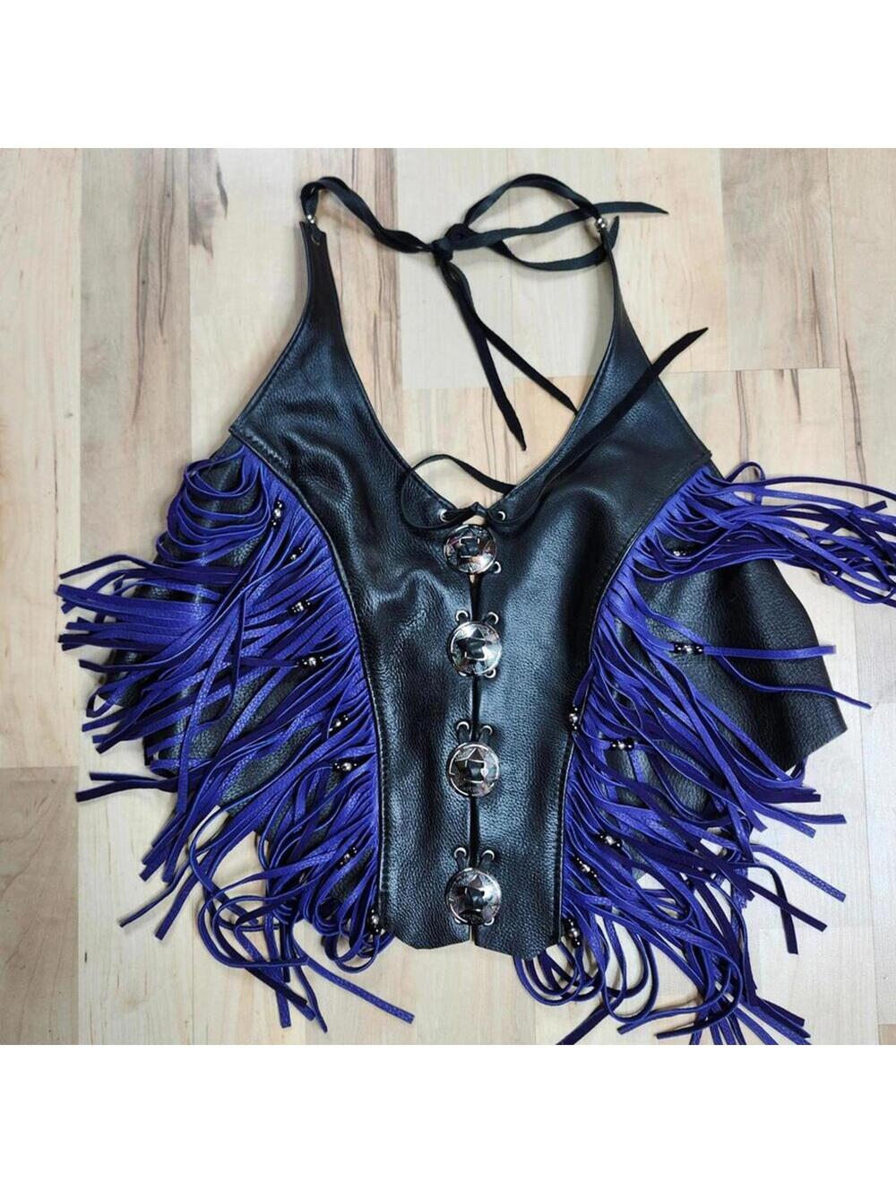 Halter Top With Matching Pro-Rider Leather Fringe Jacket Bone Detail Studded M - Picture 2 of 9